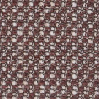 Basket-weave fabric sample with reddish-brown and creamy beige threads, displaying a dense, textured geometric pattern and matte finish.